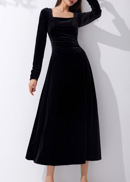Slim Fit Black Square Collar High Waist Velour Dress Fall AM1015 Genistyle Shop