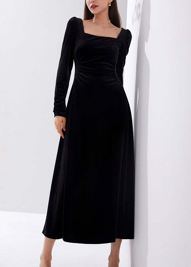 Slim Fit Black Square Collar High Waist Velour Dress Fall AM1015 Genistyle Shop