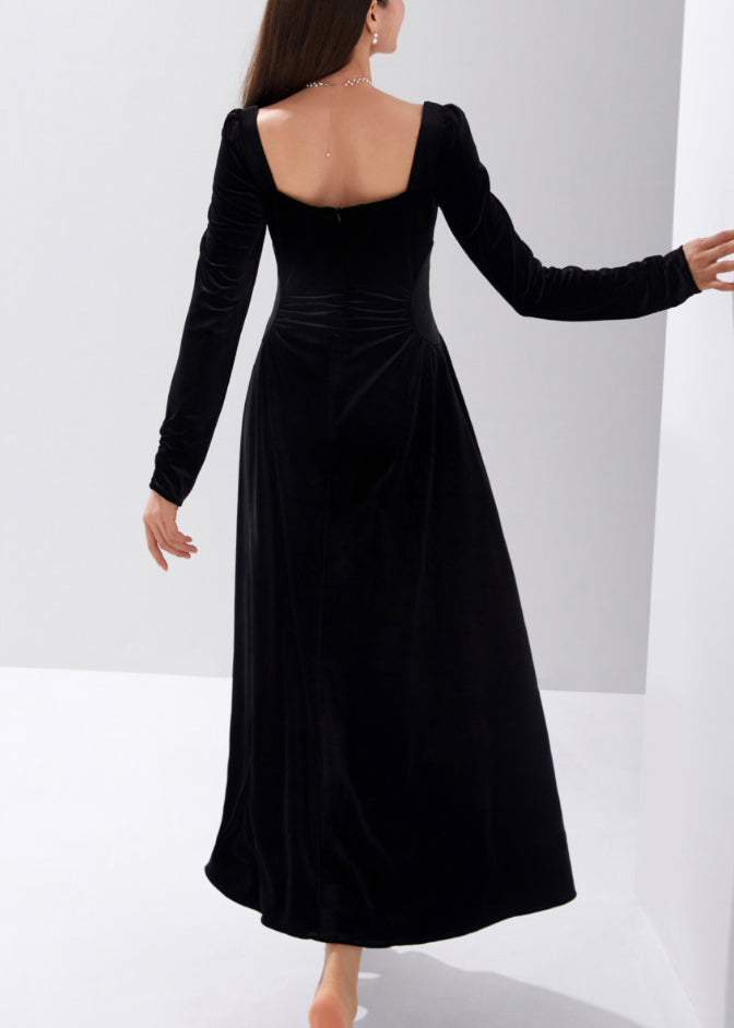 Slim Fit Black Square Collar High Waist Velour Dress Fall AM1015 Genistyle Shop