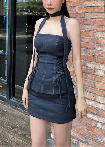 Slim Fit Black Strapless Lace Up Tops And Skirts Two Pieces Set Sleeveless YZ053 ABC