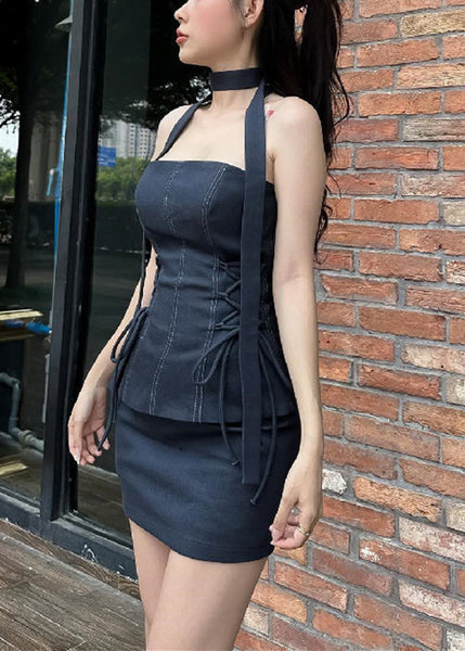 Slim Fit Black Strapless Lace Up Tops And Skirts Two Pieces Set Sleeveless YZ053 ABC