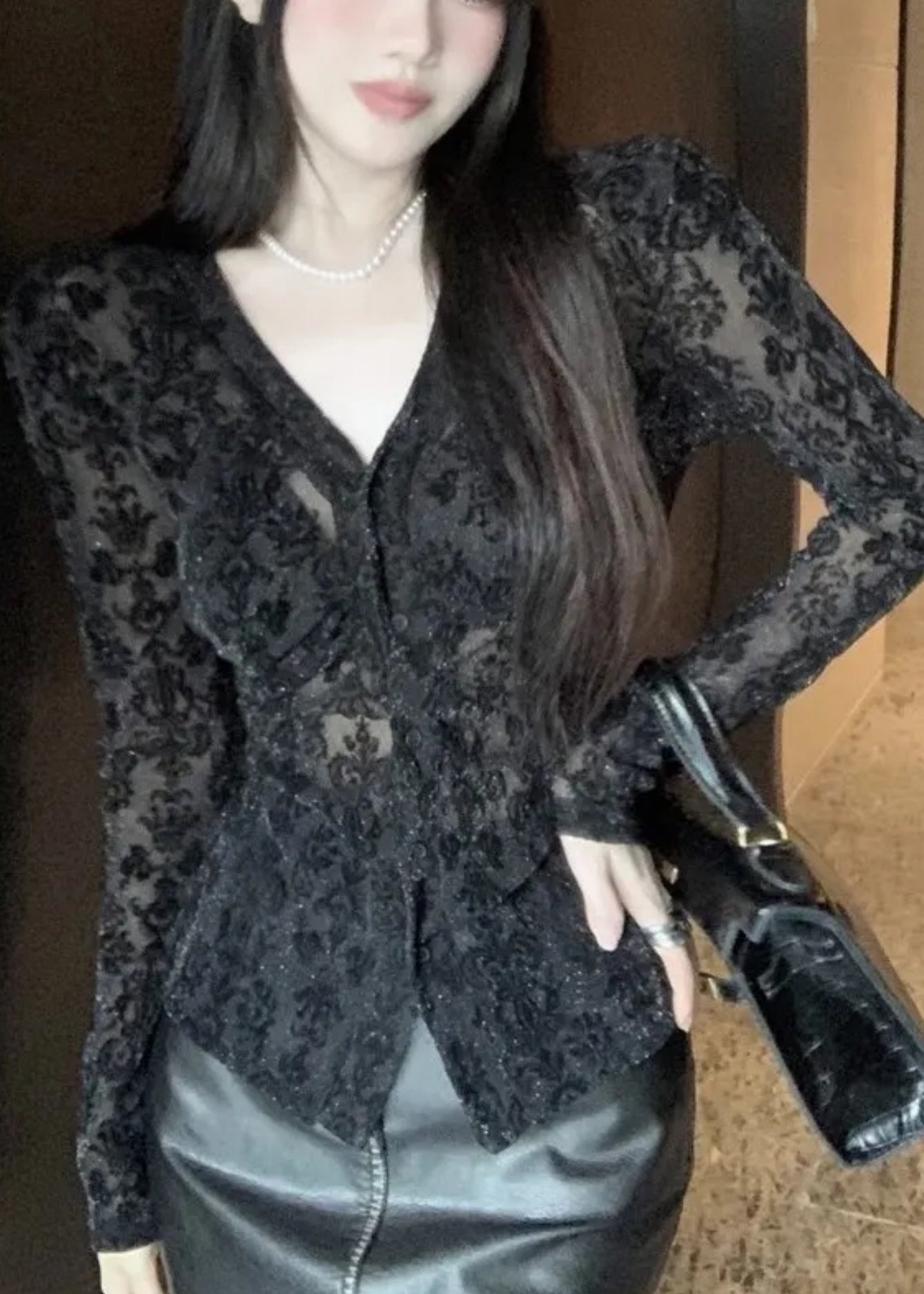 Fit Slim Top Neck Tulle Black Spring Button Flocking V FashionChic