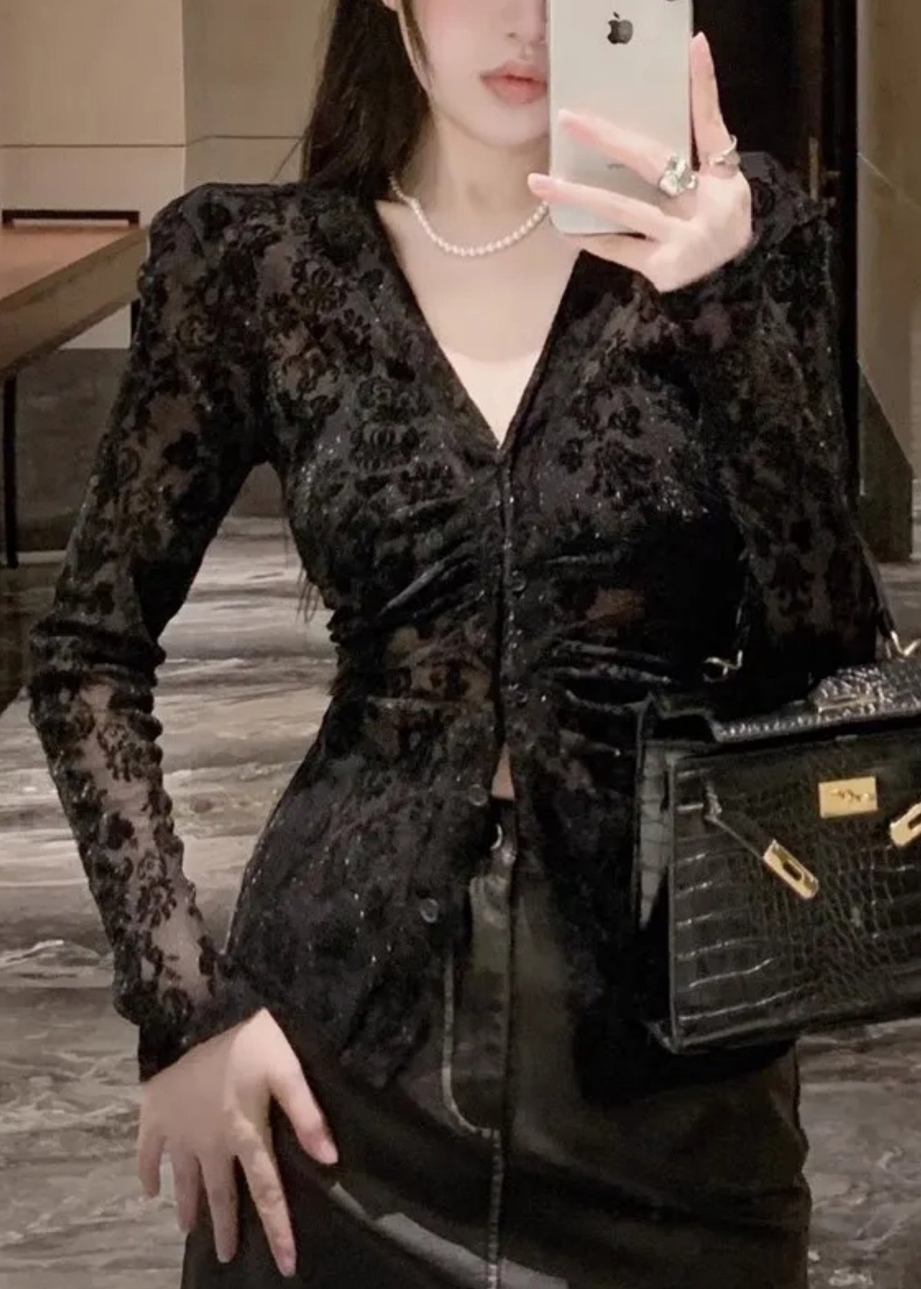 Fit Slim Top Neck Tulle Black Spring Button Flocking V FashionChic