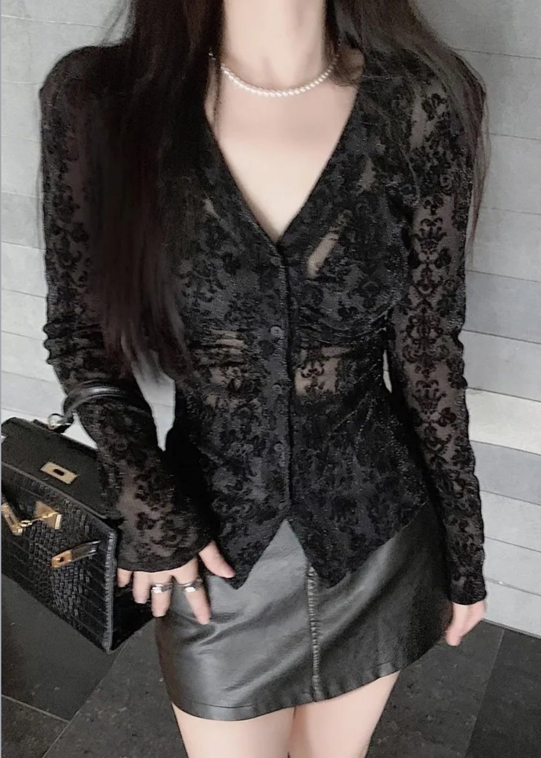 Fit Slim Top Neck Tulle Black Spring Button Flocking V FashionChic