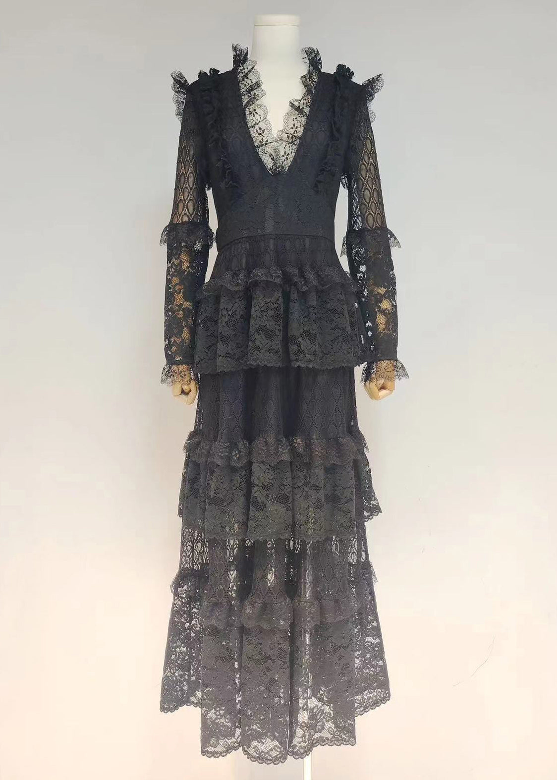 Slim Fit Black V Neck Hollow Out Lace Dress Long Sleeve AA1027 Ada Fashion