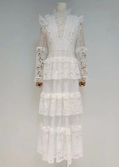 Slim Fit Black V Neck Hollow Out Lace Dress Long Sleeve AA1027 Ada Fashion