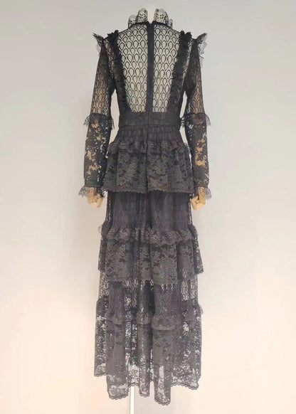 Slim Fit Black V Neck Hollow Out Lace Dress Long Sleeve AA1027 Ada Fashion