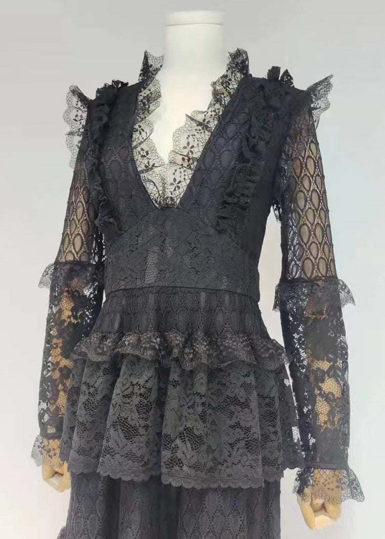Slim Fit Black V Neck Hollow Out Lace Dress Long Sleeve AA1027 Ada Fashion