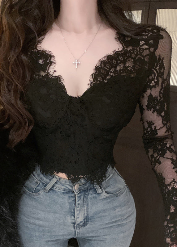 Spring Neck Top V Lace Black Fit Slim FashionChic