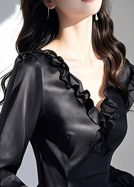 Shirt Fall V Neck Slim Ruffled Silk Black Fit FashionChic