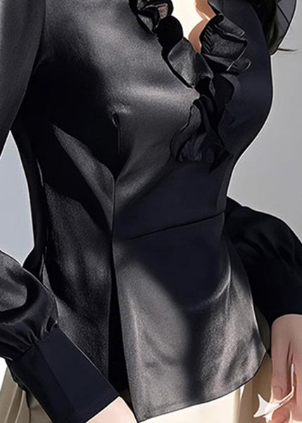 Shirt Fall V Neck Slim Ruffled Silk Black Fit FashionChic