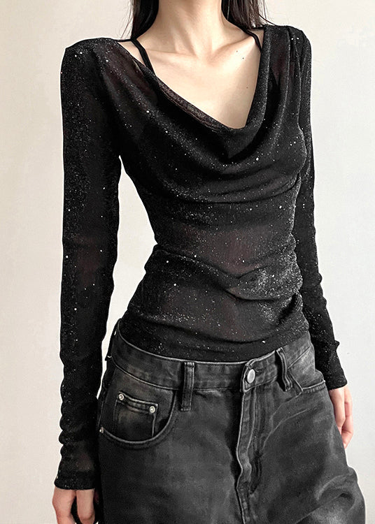 Shirts Fall Fit Tulle Slim Neck Black Sequins T V FashionChic