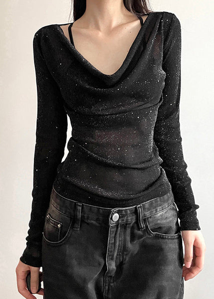 Shirts Fall Fit Tulle Slim Neck Black Sequins T V FashionChic