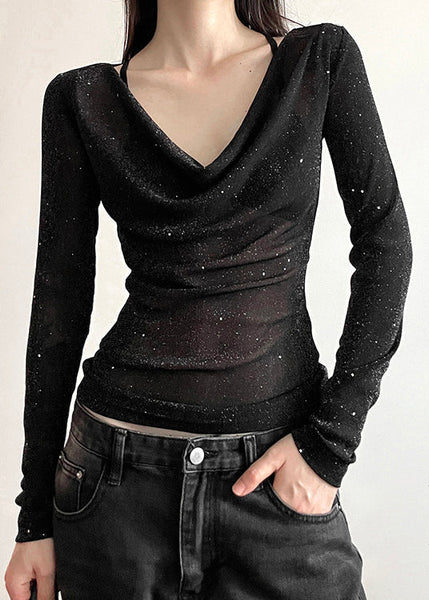 Shirts Fall Fit Tulle Slim Neck Black Sequins T V FashionChic