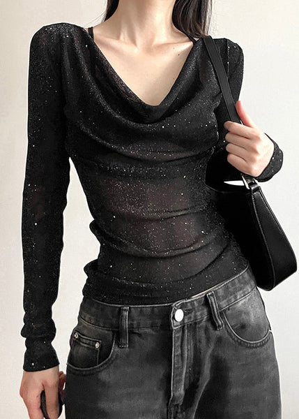 Shirts Fall Fit Tulle Slim Neck Black Sequins T V FashionChic