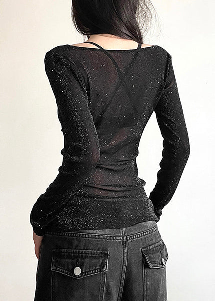 Shirts Fall Fit Tulle Slim Neck Black Sequins T V FashionChic