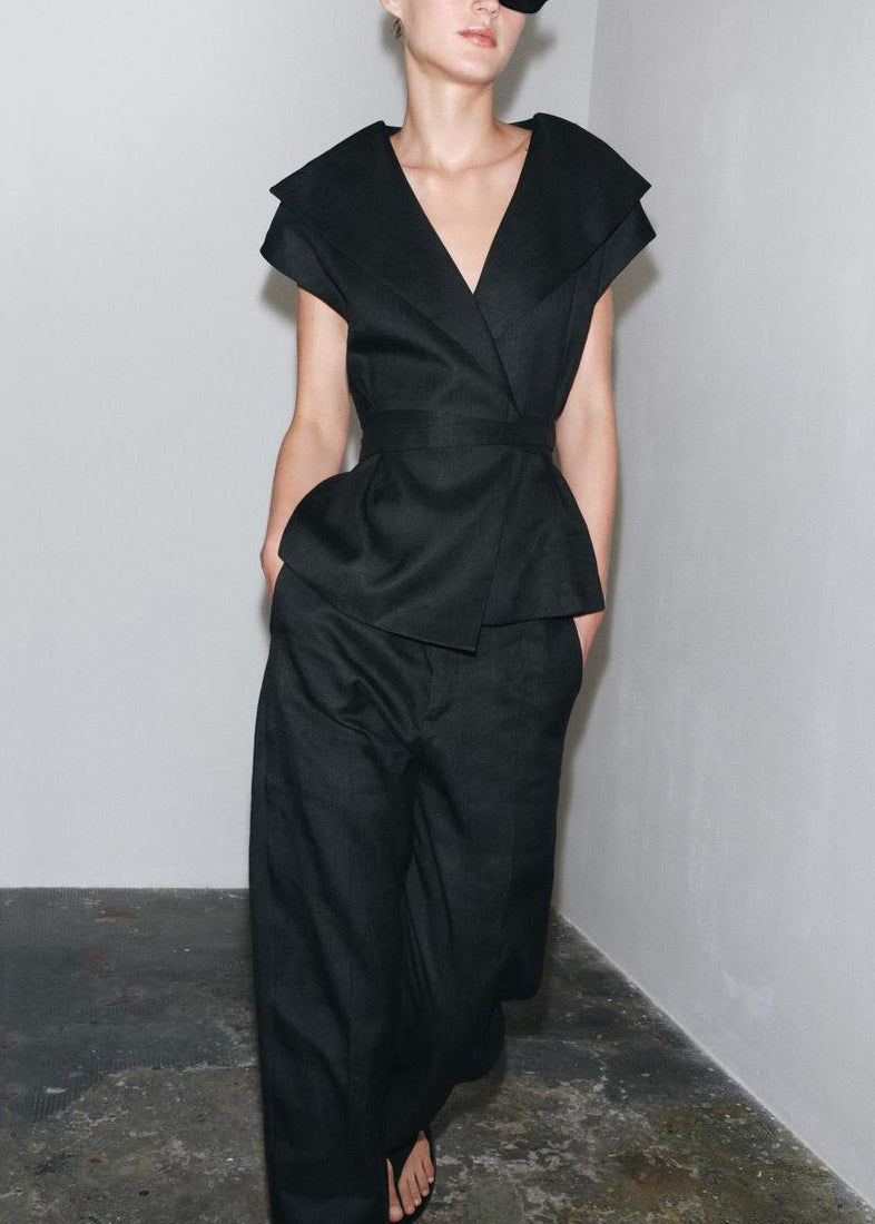 Neck Black V Set Cotton Waist Tie Slim Summer Pieces Two Fit FashionChic