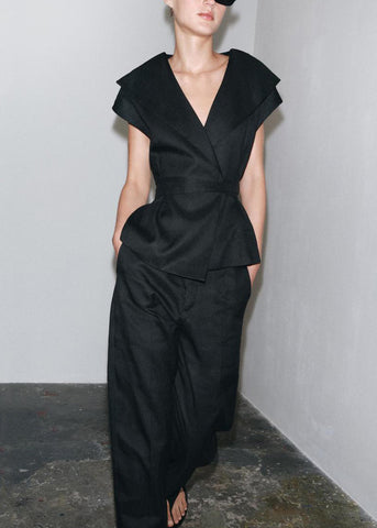 Neck Black V Set Cotton Waist Tie Slim Summer Pieces Two Fit FashionChic