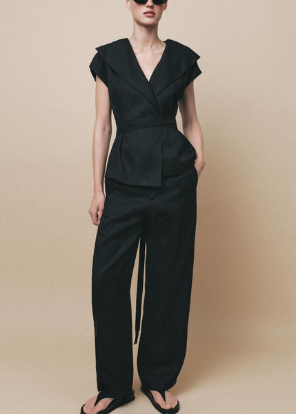 Neck Black V Set Cotton Waist Tie Slim Summer Pieces Two Fit FashionChic