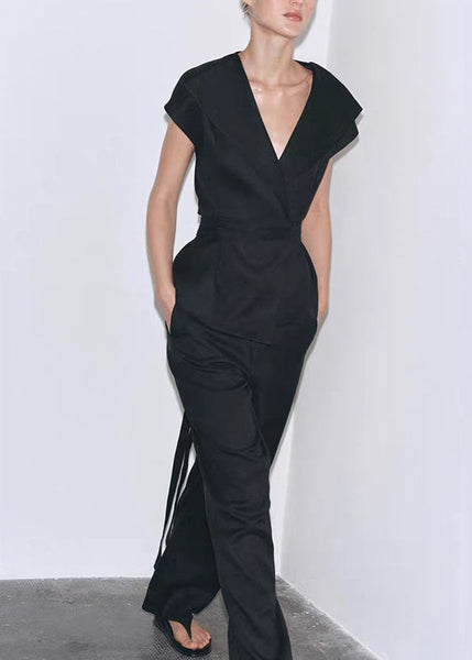 Neck Black V Set Cotton Waist Tie Slim Summer Pieces Two Fit FashionChic