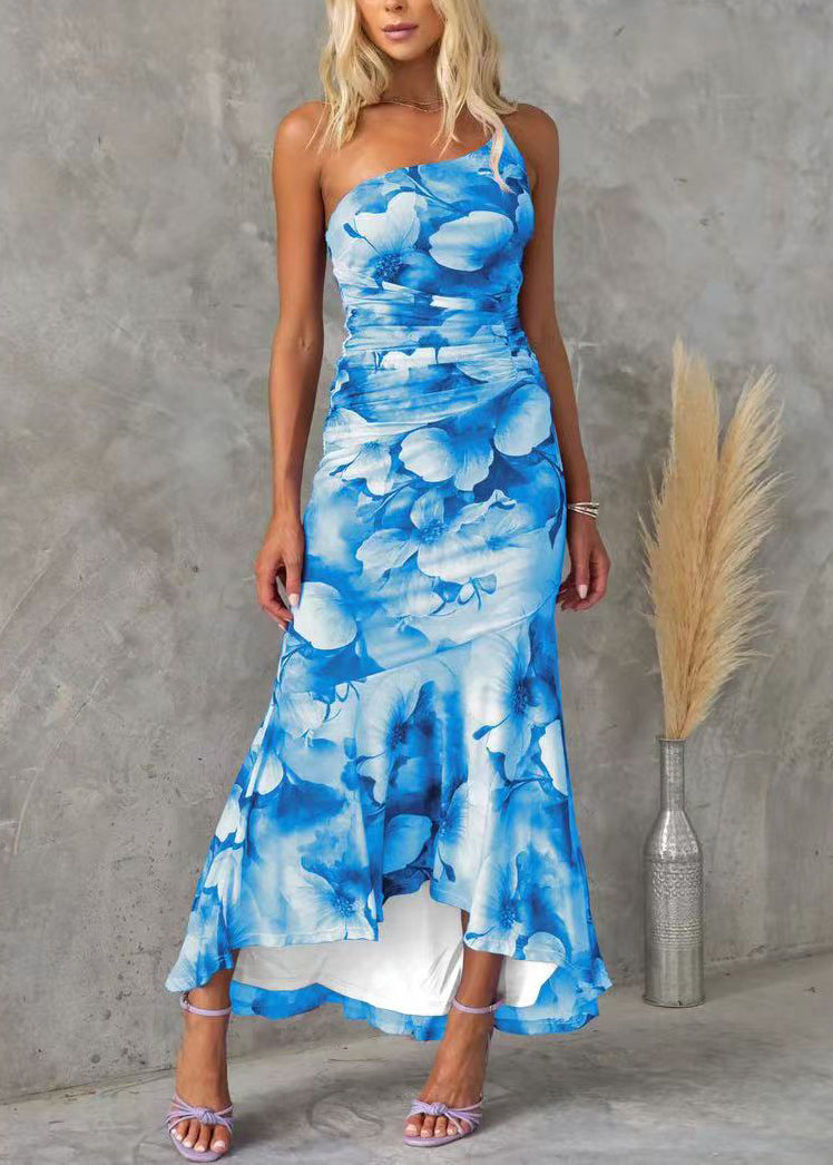 Cotton Dress Fit Slim Blue Sleeveless Asymmetrical Print Long FashionChic