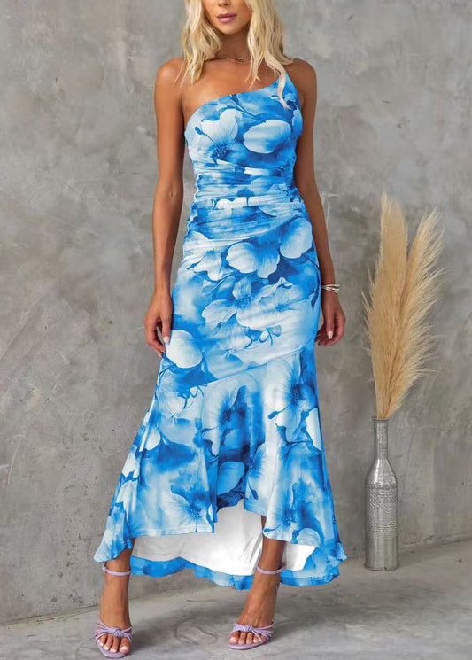 Cotton Dress Fit Slim Blue Sleeveless Asymmetrical Print Long FashionChic