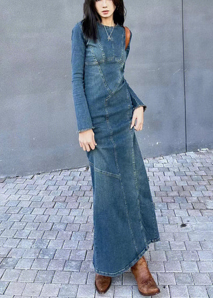 Original Back Slim Side Open Blue Dresses Design Long Fit Denim FashionChic