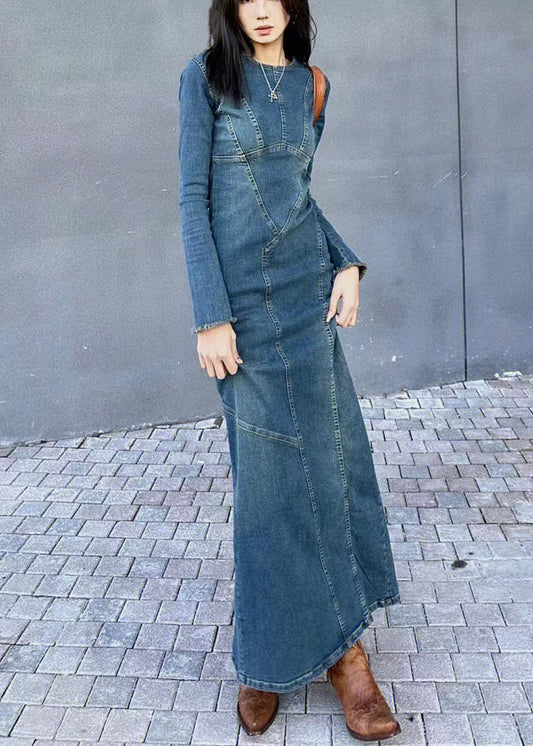 Original Back Slim Side Open Blue Dresses Design Long Fit Denim FashionChic