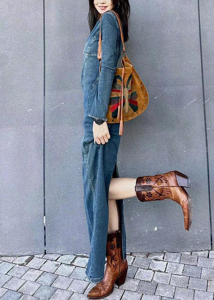 Original Back Slim Side Open Blue Dresses Design Long Fit Denim FashionChic