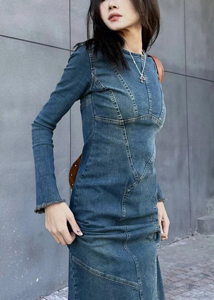 Original Back Slim Side Open Blue Dresses Design Long Fit Denim FashionChic