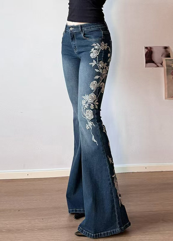 High Denim Embroidered Blue Trousers Waist Flared Slim Fit Summer FashionChic