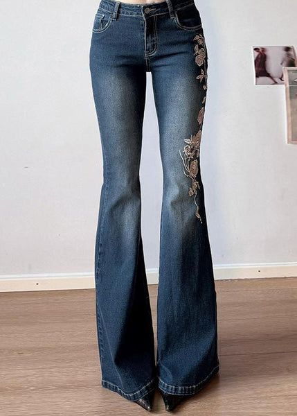 High Denim Embroidered Blue Trousers Waist Flared Slim Fit Summer FashionChic