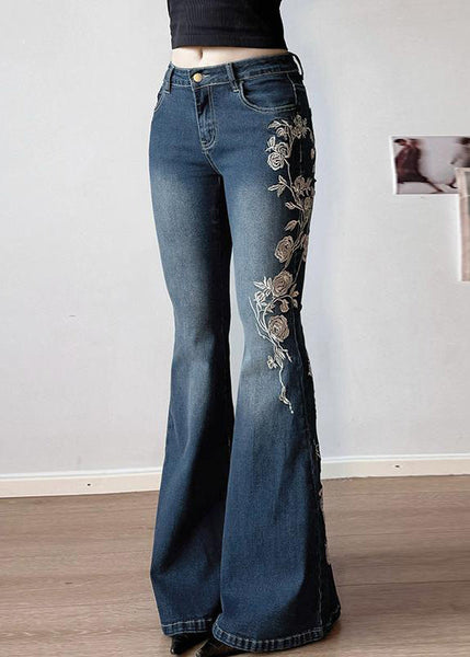 High Denim Embroidered Blue Trousers Waist Flared Slim Fit Summer FashionChic