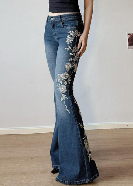 High Denim Embroidered Blue Trousers Waist Flared Slim Fit Summer FashionChic