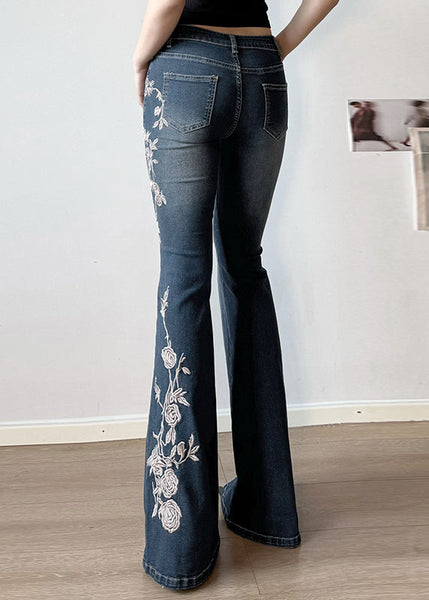 High Denim Embroidered Blue Trousers Waist Flared Slim Fit Summer FashionChic