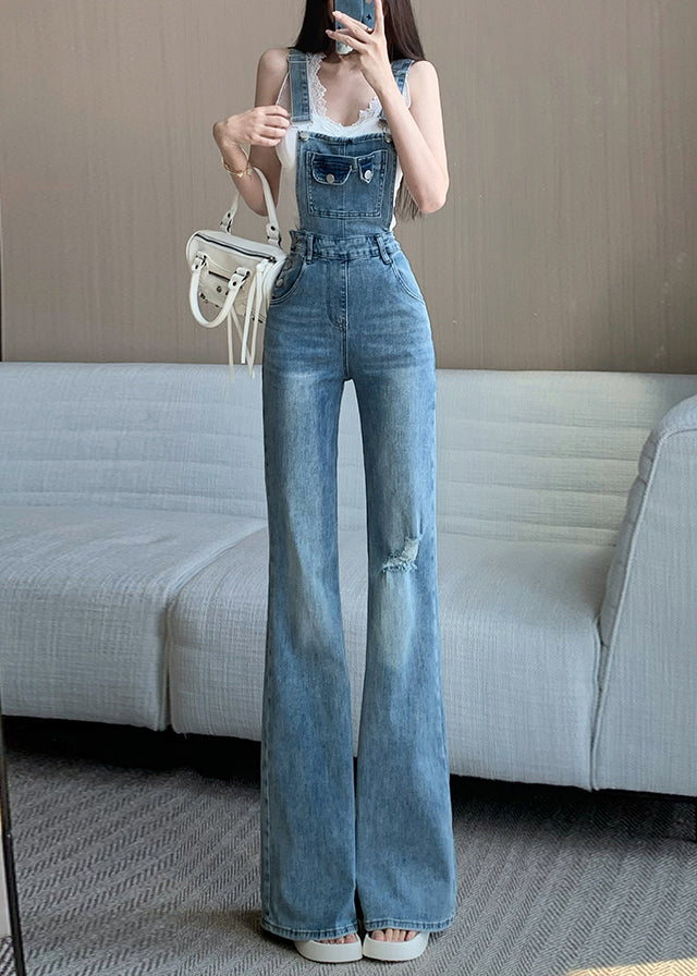Sleeveless Hole Jumpsuit Fit Denim High Waist Slim Blue FashionChic