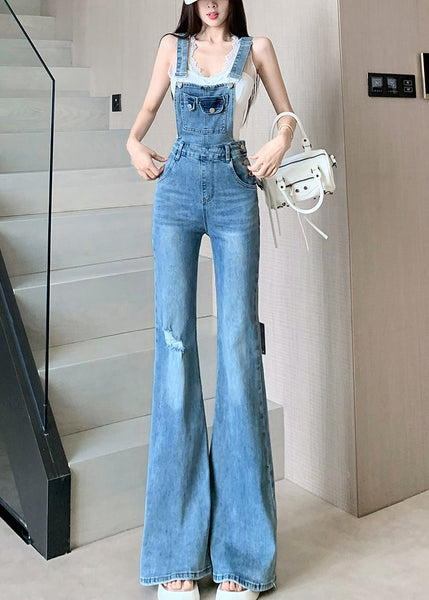 Sleeveless Hole Jumpsuit Fit Denim High Waist Slim Blue FashionChic