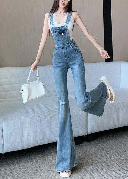Sleeveless Hole Jumpsuit Fit Denim High Waist Slim Blue FashionChic