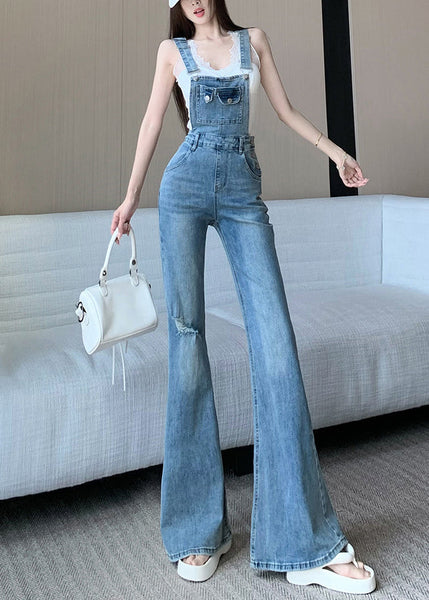 Sleeveless Hole Jumpsuit Fit Denim High Waist Slim Blue FashionChic