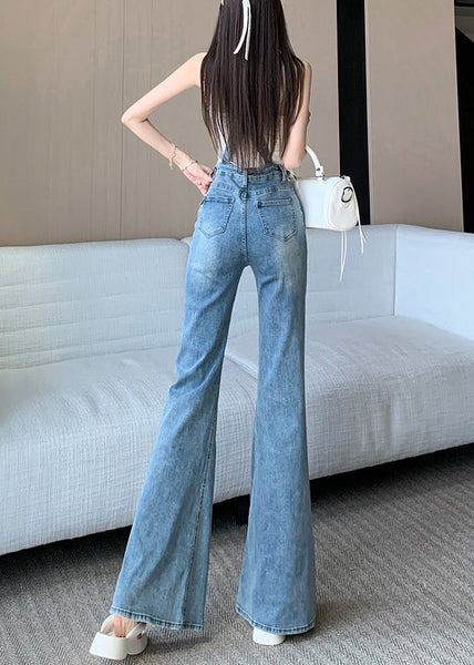 Sleeveless Hole Jumpsuit Fit Denim High Waist Slim Blue FashionChic