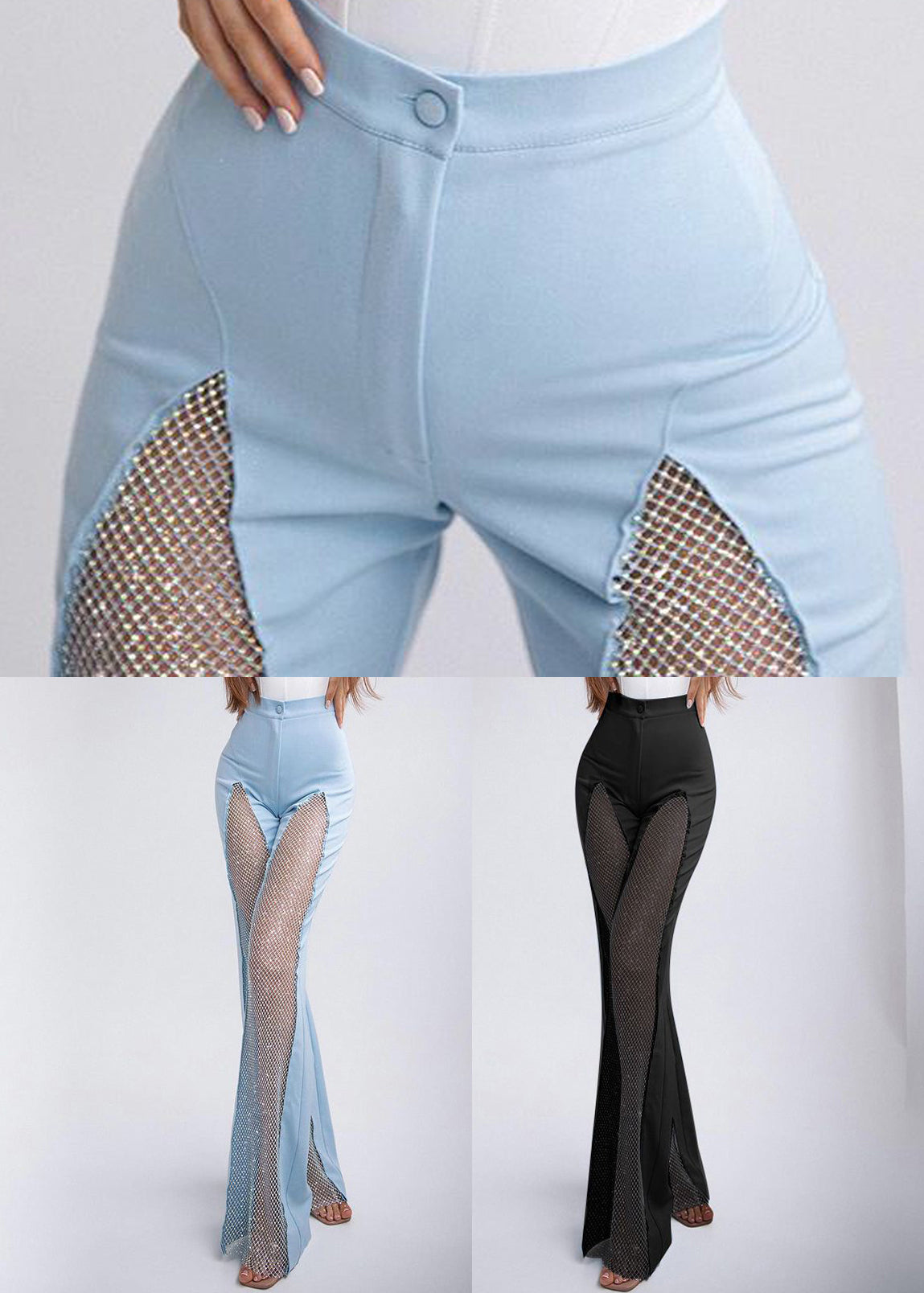 Patchwork Hollow Summer Out Slim Blue Spandex Pants Fit FashionChic