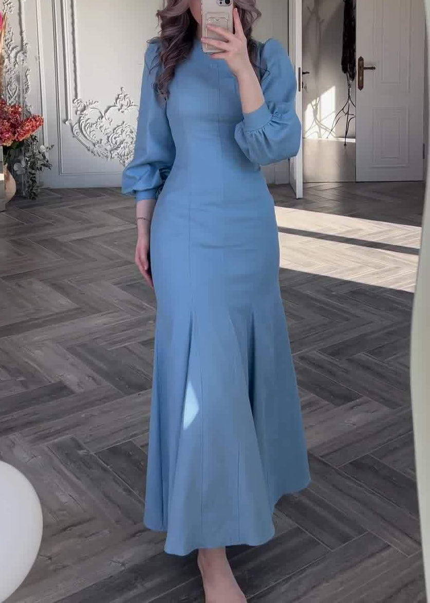 Slim Fit Blue Original Design Solid Cotton Dress Fall QL009 OM-ZS241023