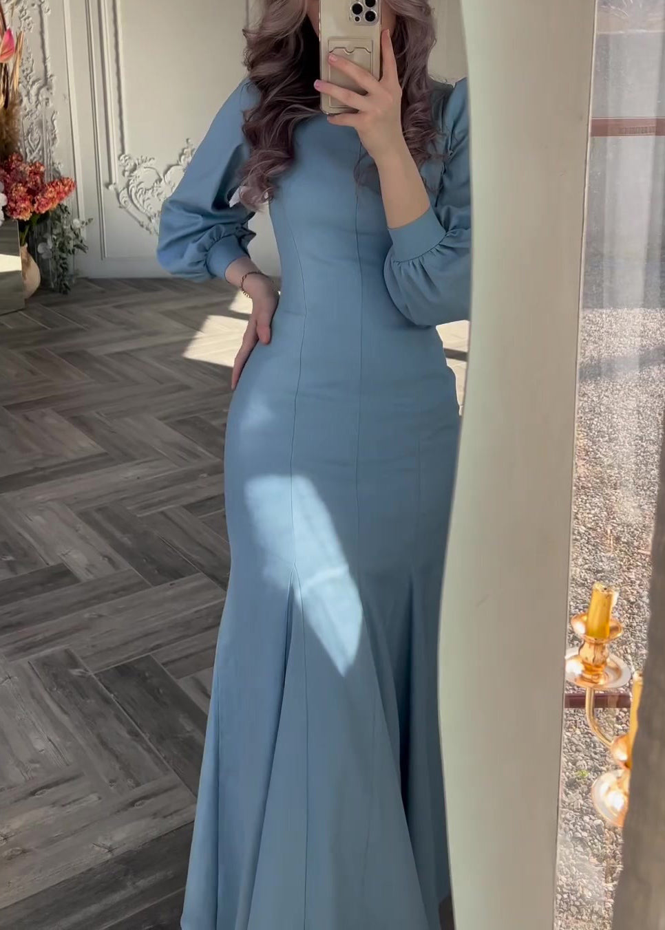 Slim Fit Blue Original Design Solid Cotton Dress Fall QL009 OM-ZS241023