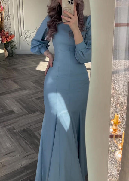 Slim Fit Blue Original Design Solid Cotton Dress Fall QL009 OM-ZS241023