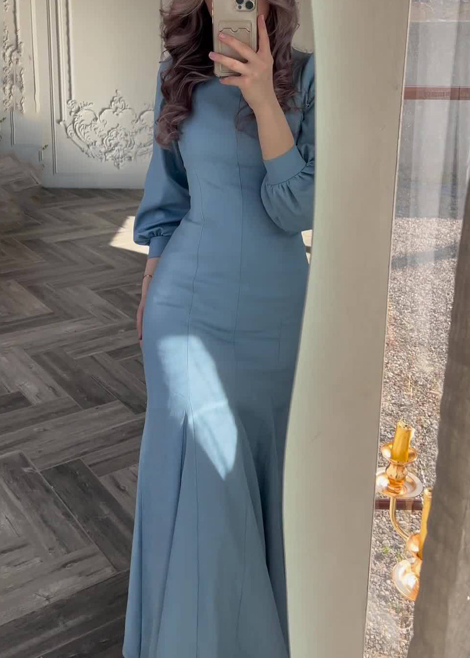 Slim Fit Blue Original Design Solid Cotton Dress Fall QL009 OM-ZS241023