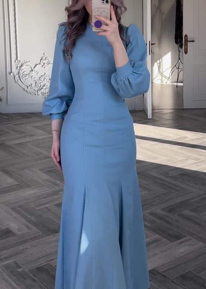 Slim Fit Blue Original Design Solid Cotton Dress Fall QL009 OM-ZS241023