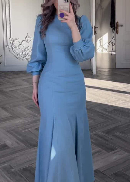 Slim Fit Blue Original Design Solid Cotton Dress Fall QL009 OM-ZS241023