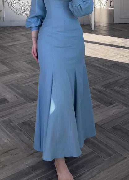 Slim Fit Blue Original Design Solid Cotton Dress Fall QL009 OM-ZS241023