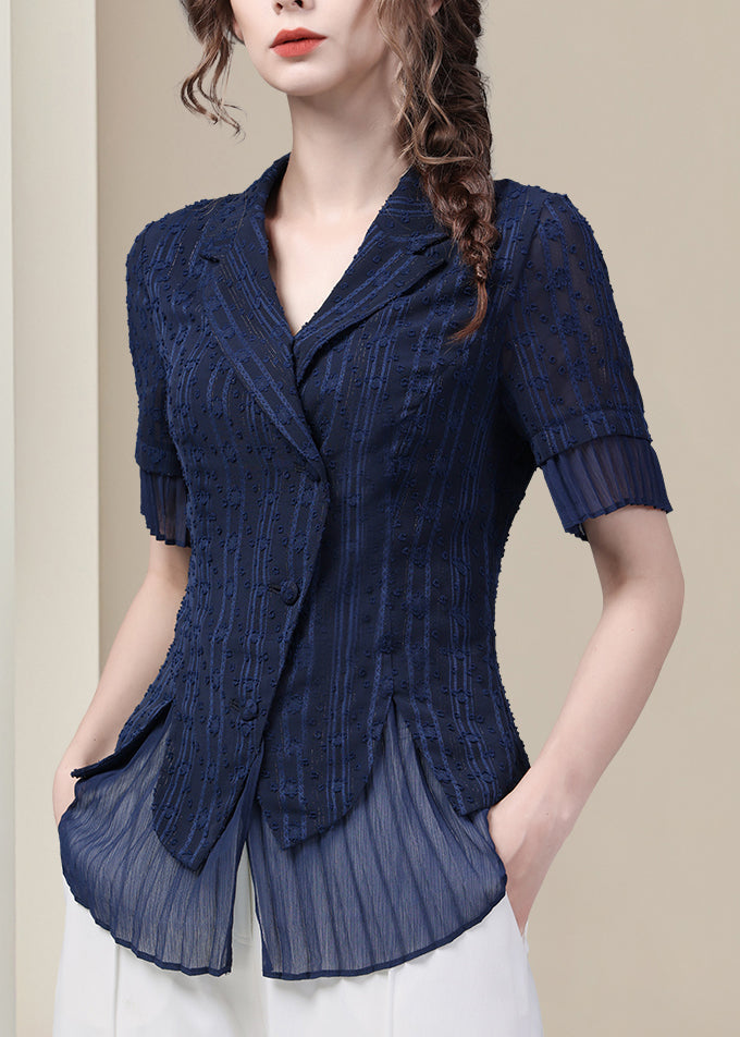 Blue Shirt Peter Fit Pan Summer Button Chiffon Slim Collar FashionChic
