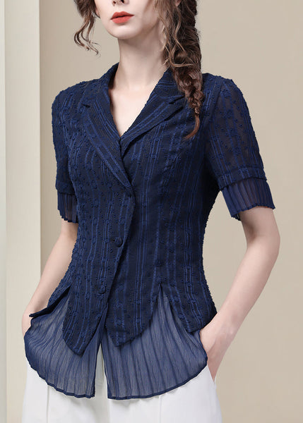 Blue Shirt Peter Fit Pan Summer Button Chiffon Slim Collar FashionChic